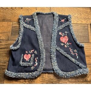 Womens Denim‎ Vest Heart Star Applique Fringe Trim Cute Casual Outerwear